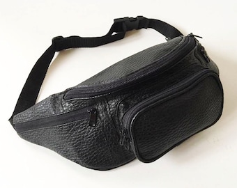Vintage Black Faux Leather Belt Bag: Steampunk Festival Fanny Pack