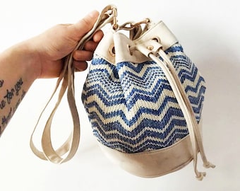 Light Blue Straw Bucket Bag Woven Beige Drawstring Rucksack Beige Bucket Bag Blue Bucket Bag Faux Leather Basket Bag Festival Hipster Bag