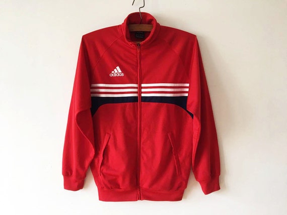 red adidas jacket with white stripes