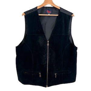 Genuine Suede Leather Black Vintage Retro Zipper Vest Size XXL | Biker Rocker Waistcoat Streetwear Motorcycle Festival Outfit | Satin Lining