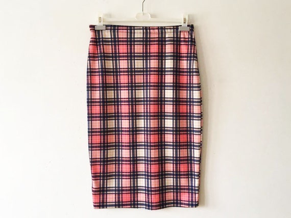 Pink Plaid Midi Length Skirt Knee Length Checked Pink Blue White Tartan Skirt Light Summer Stretchy Midi Skirt Size Large Plaid Skirt Etsy