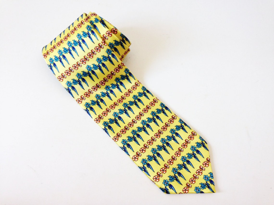 Pure Silk Necktie Yellow Floral Print Neck Tie Yellow Neck Tie | Etsy