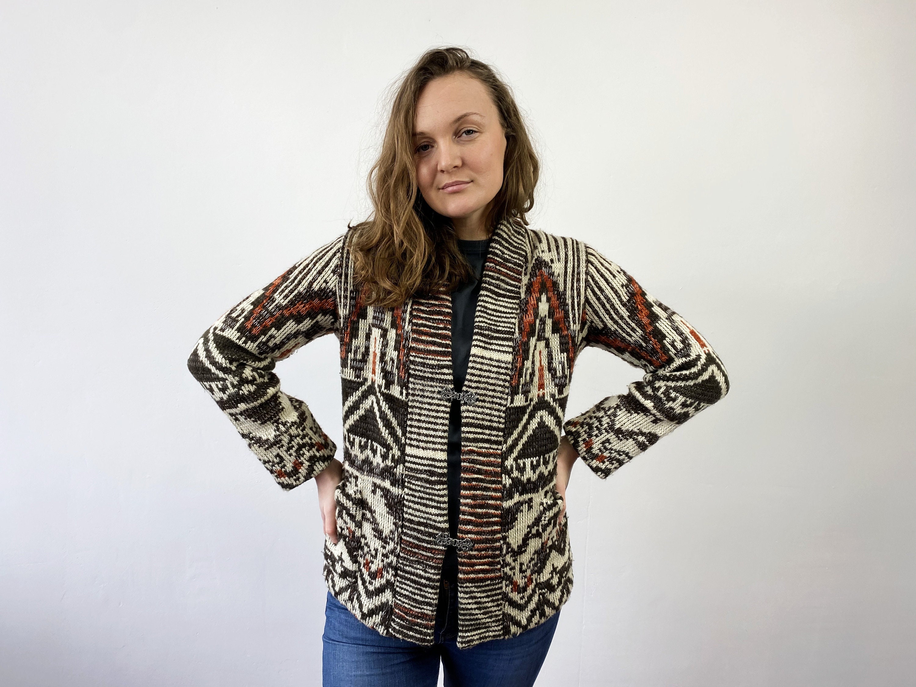 Vintage Nordic Wool Hook Cardigan: Norwegian Design, Size Small 