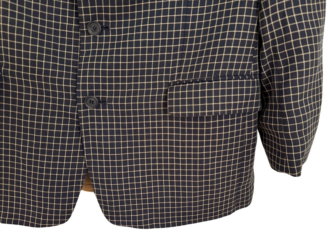 Vintage Checkered Black and Gold Blazer: Size 44 Unisex Plaid Classic Retro Jacket, foto 4 di 5