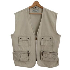 Vintage Beige Fishermen Outdoors Vest Waistcoat | Cotton Streetwear Zip Up Pockets Utility Jacket Outdoor Workwear Size Large Retro