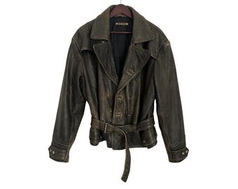 Vintage Distressed Brown Leather Jacket Size XL: Bomber Biker Style Lined Genuine Leather