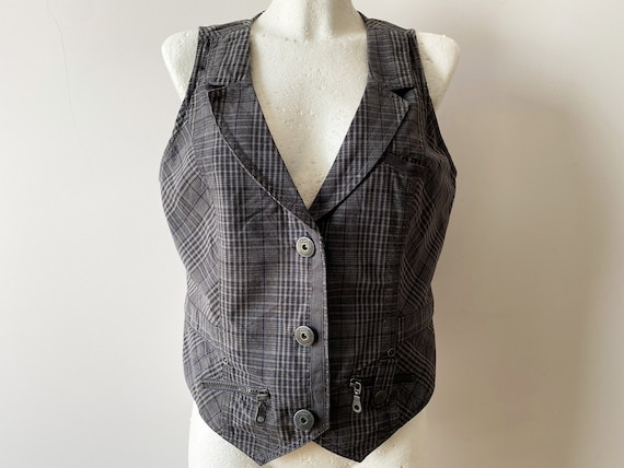 Gray Plaid Womens Waistcoat Collared Grey Checker… - image 1