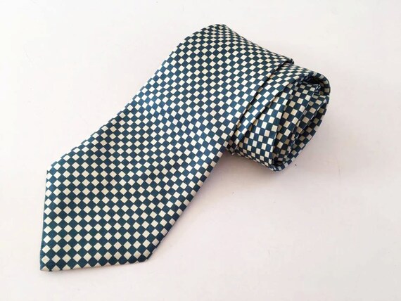 Pure Silk Necktie Green Plaid Print Neck Tie Gree… - image 1