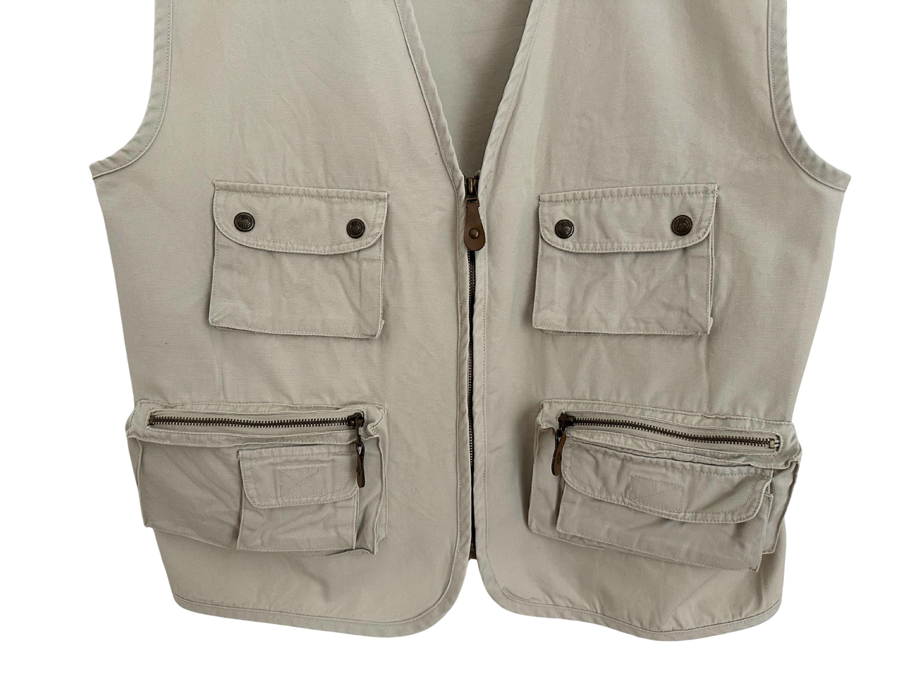 Vintage Beige Cotton Fisherman Vest: Streetwear Utility Jacket 