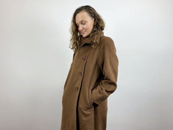 Vintage Angora Cashmere Wool Coat: Beige Brown Winter Trench 