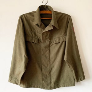 Vintage Khaki Green Cotton Workwear Shirt - Cropped Military Jacket Large