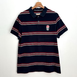 Vintage England Rugby Polo Shirt: Navy Striped Retro Sports Top