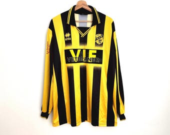Vintage Errea Soccer Jersey XXL: Yellow Black Striped Football Shirt