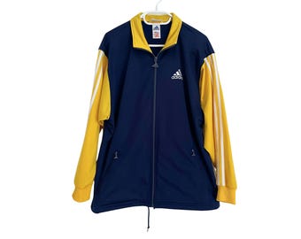Vintage 90s Adidas Track Jacket Navy Blue White Yellow Striped