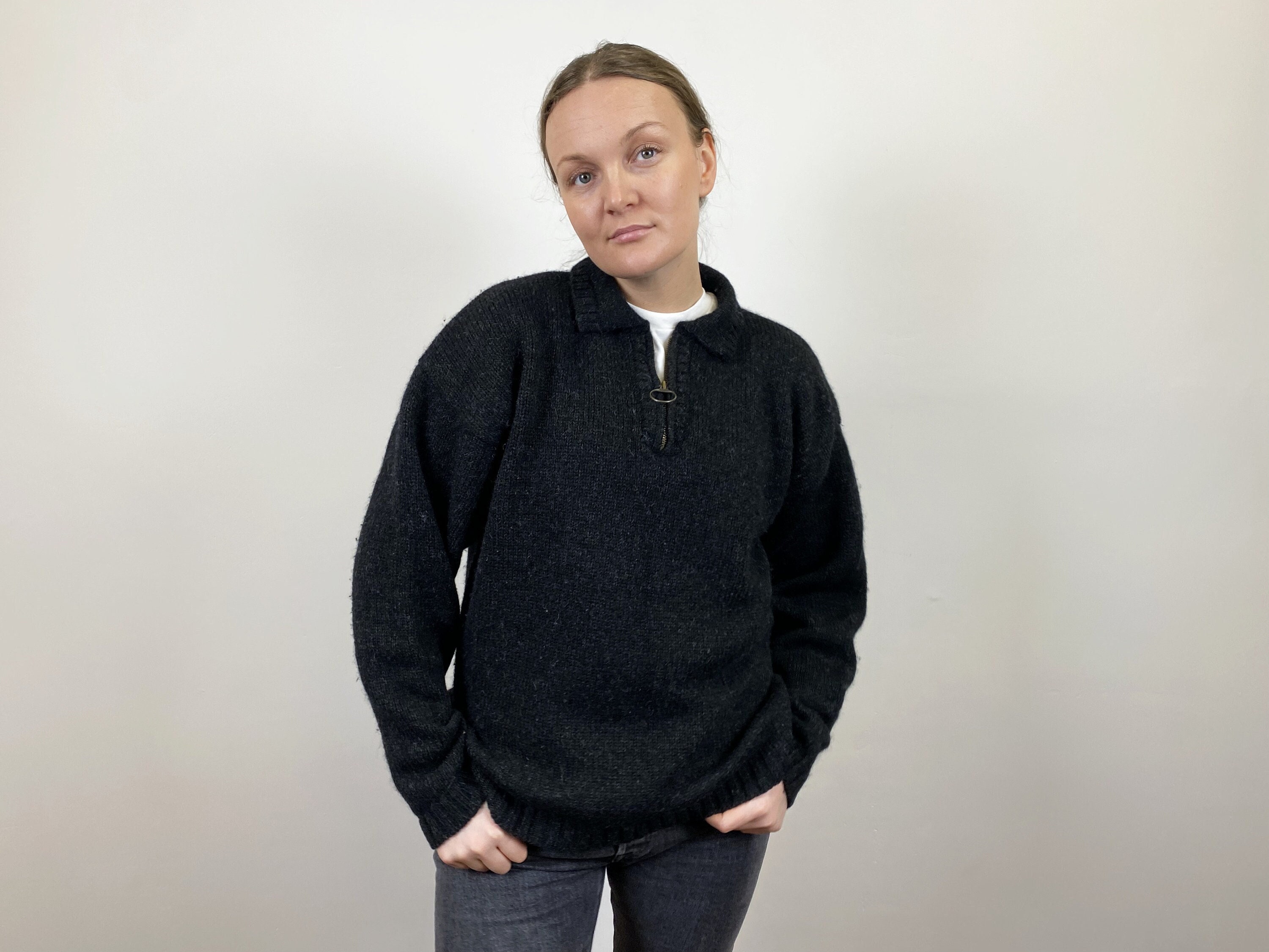 Black Pure Wool Sweater CONWELL Wool Winter Pullover Quarter Zip Closure Classics Wool Sweater Knitted Nordic Wool Sweater Size Small Jumper