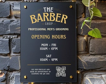 Barber Shop Opening Acrylic Sign, External Business Hours Sign, Personalised Shop Opening Times, QR Code Signage Plaque, Outdoor Shop Sign