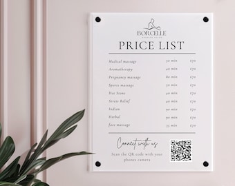 Personalised Acrylic Price List & QR Code | Beauty Salon Wall Sign | Hair Salon | White and Gold Price List | Treatment Board | Pricing Menu
