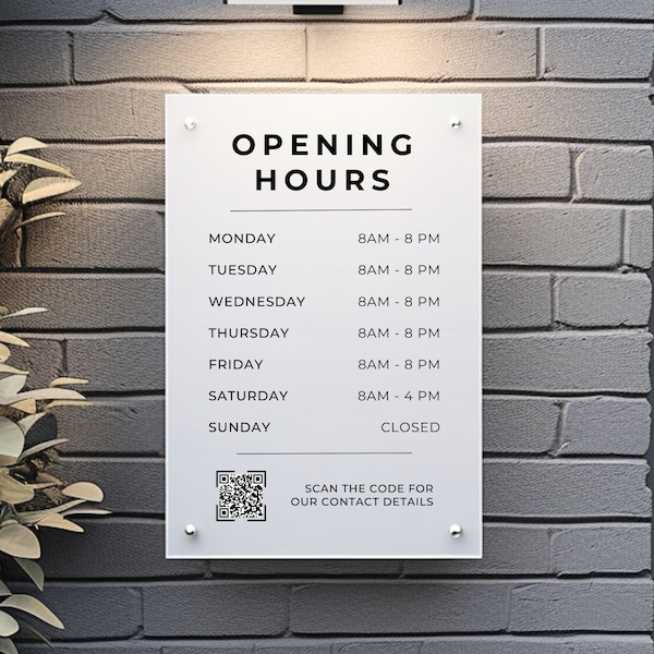 Custom Printed Acrylic Business Hours Sign, Personalised Shop Opening Times, QR Code Signage Plaque, Outdoor Office Sign, Reception, Door