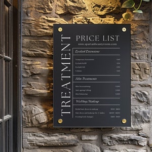 Anpassningsbar prismeny i akryl med QR-kod för salonger, spa och företag