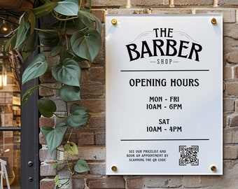 Personalized Barber Shop Hours Sign with QR Code - Custom Acrylic Business Plaque for Outdoor Display