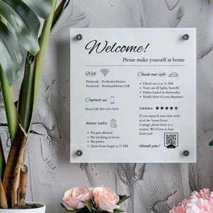 Welkomstbord voor Airbnb-hosts, acryl muurbord vakantiewoning, poster aankomst gast, dingen om te weten, strandhuisregels, wifi QR Connect
