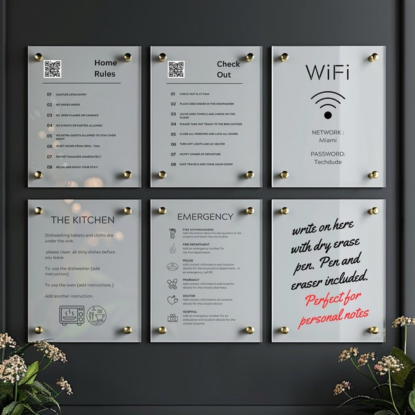 Personalised AirBNB Guest Information Sign Set & Dry Wipe Board, Holiday Rental QR code Sign, Personalised Hotel Information Plaque