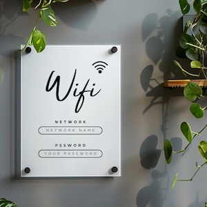 May include: White sign with black text that says "Wifi" and has a wifi symbol. The sign also has the words "Network" and "Password" with blank spaces for the network name and password.