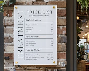 Personalised Acrylic Price List & QR Code | Beauty Salon Wall Sign | Hair Salon | White and Gold Price List | Treatment Board | Pricing Menu
