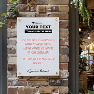 Spersonalizowany akrylowy znak z logo firmy, menu specjalne do ścierania na sucho, tabliczka z kodem QR, spersonalizowane godziny otwarcia sklepu