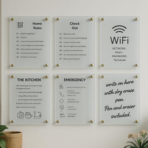 Set di 6 cartelli informativi per gli ospiti Airbnb – Pannelli di benvenuto e regole in acrilico / Cartelli di noleggio cancellabili a secco per Wi-Fi, check-in, regole della casa, codice QR