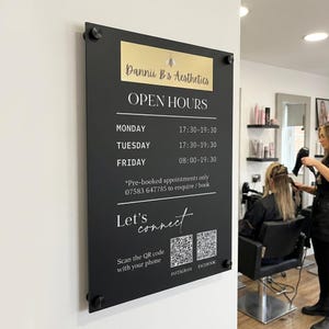 Personalised Opening Times Acrylic Sign Business Logo Plaque Shop Opening Times Open Hours information QR Code Signage Salon Sign