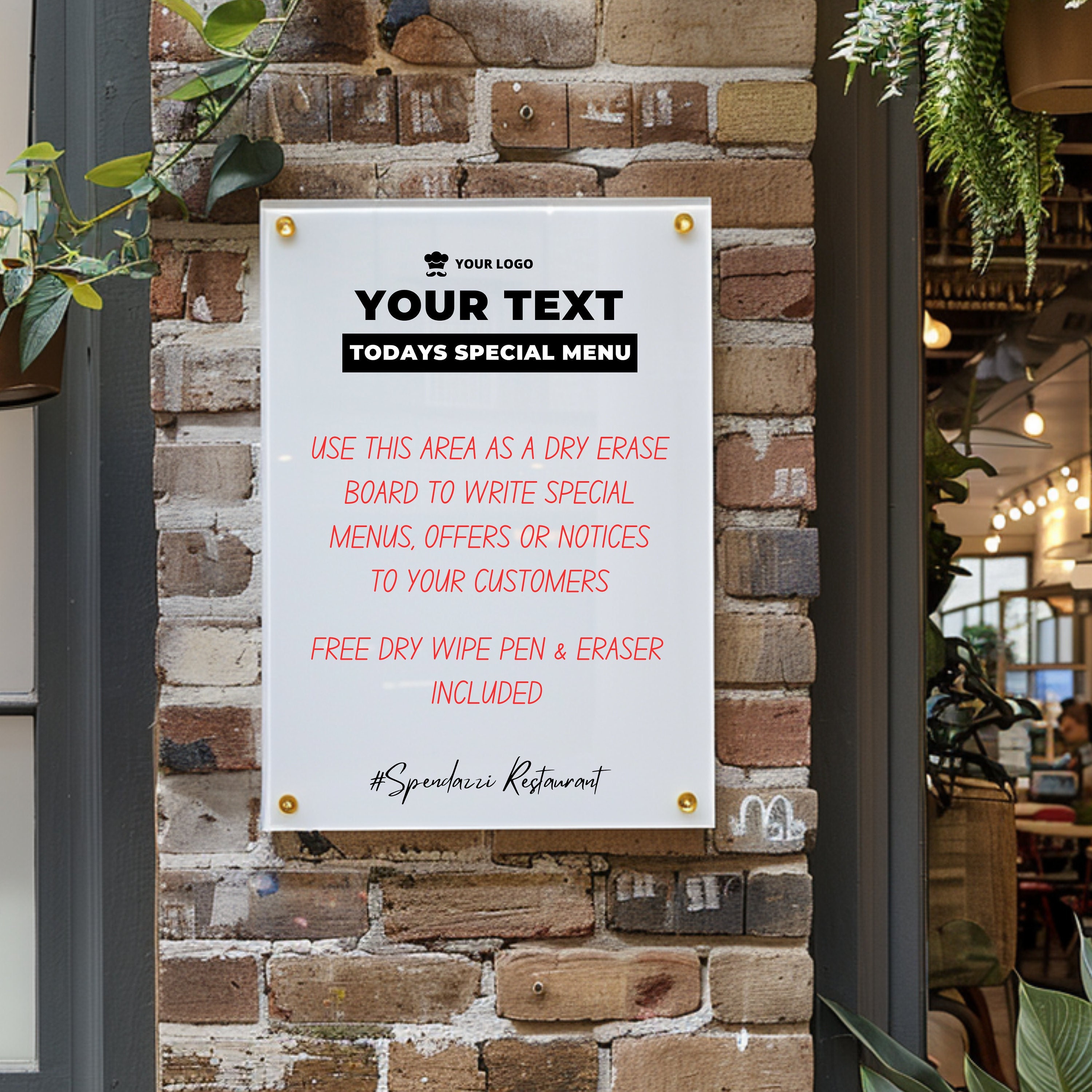 Personalised Acrylic Sign with Business Logo, Dry Wipe Specials Menu, QR Code Signage Plaque Personalised Shop Opening Times