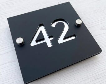 House Number Sign, Personalised Acrylic House Number Plaque, Modern Door Number Sign, Black Silver Address Plaque, 150mm House Sign