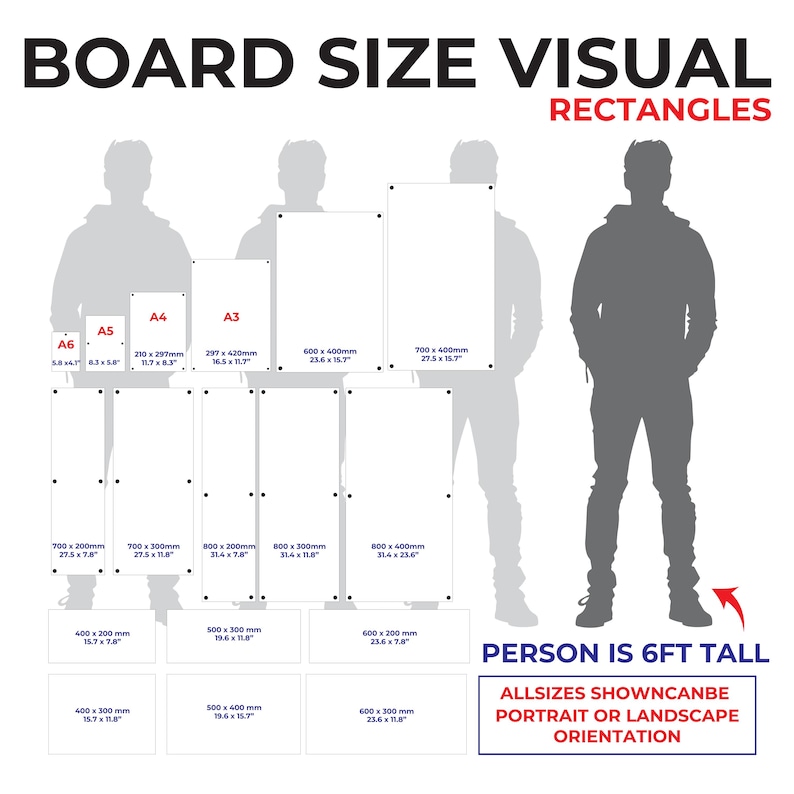 May include: Diagram showing various rectangular board sizes, including A6, A5, A4, and A3, with dimensions in inches and millimeters. The text reads "BOARD SIZE VISUAL RECTANGLES." A person is shown for scale, with the text "PERSON IS 6FT TALL."