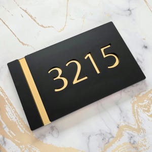 Elegant Modern Grey House Sign with Gold Acrylic Numbers - Minimalist Marble Apartment Door Plaque