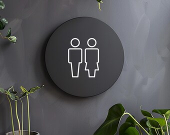 Modern Unisex Toilet Sign | Circular WC Sign | Black Acrylic Bathroom Door Sign | Restroom Sign | Commercial Toilet Sign