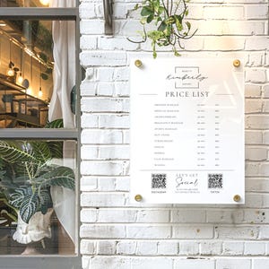 Customizable Acrylic Price List QR Code Sign for Beauty Salons Elegant White Gold Treatment Menu