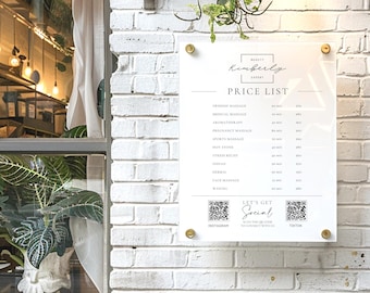 Customizable Acrylic Price List QR Code Sign for Beauty Salons Elegant White Gold Treatment Menu