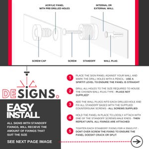May include: Diagram illustrating the components and steps for installing an acrylic panel with standoff fixings. Includes screw cap, screw, standoff, and wall plug. Text reads "Easy Install" and "Designs."