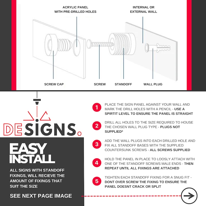 May include: Diagram illustrating the components and steps for installing an acrylic panel with standoff fixings. Includes screw cap, screw, standoff, and wall plug. Text reads "Easy Install" and "Designs."