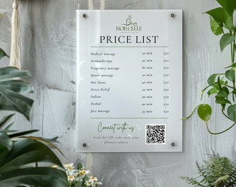 Personalised Acrylic Price List & QR Code | Beauty Salon Wall Sign | Hair Salon | White and Gold Price List | Treatment Board | Pricing Menu