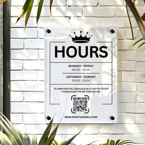 Enseigne acrylique personnalisée indiquant les heures d'ouverture, Heures d'ouverture de magasin personnalisées, Plaque de code QR, Enseigne extérieure de bureau, Réception, Porte
