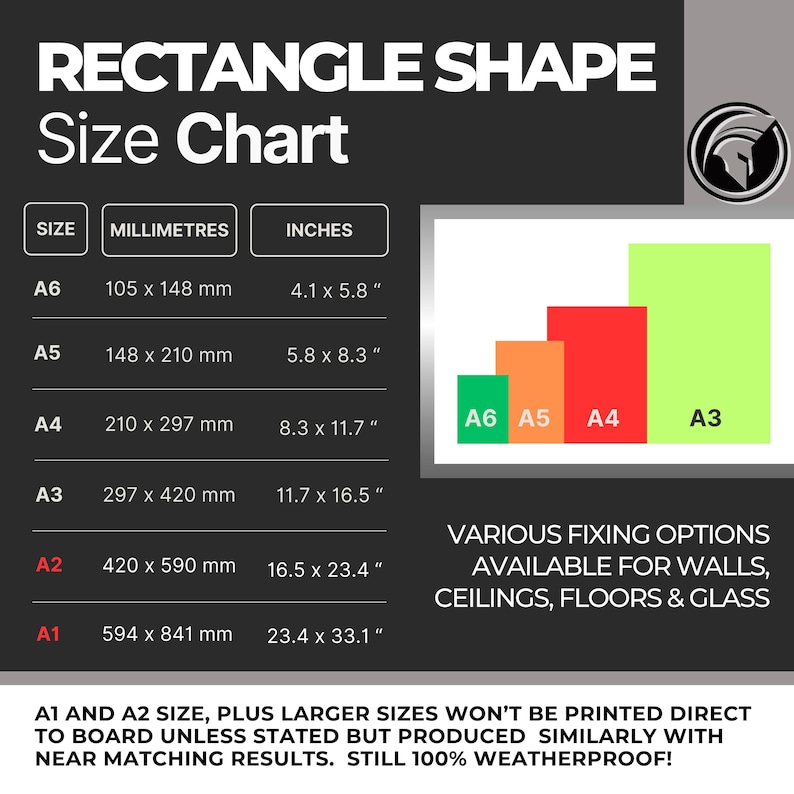 May include: A size chart for rectangle shapes, with sizes A6 through A1, in inches and millimeters. The chart includes dimensions like 4.1 x 5.8 inches (105 x 148 mm) for A6, up to 23.4 x 33.1 inches (594 x 841 mm) for A1. Text also mentions fixing options.