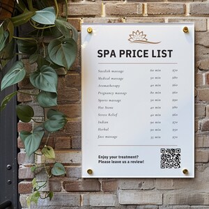 Spersonalizowana lista cen akrylowych i kod QR | Znak ścienny do salonu piękności | Salon fryzjerski | Cennik w kolorze białym i złotym | Tablica zabiegów | Menu cenowe