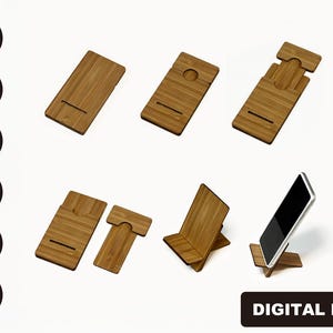 Puede incluir: Un conjunto de seis archivos digitales para un soporte de teléfono de madera. Los archivos están disponibles en los formatos AI, PDF, CDR, SVG, DXF y EPS. El soporte se muestra en varias configuraciones, incluida una posición plegada y desplegada.