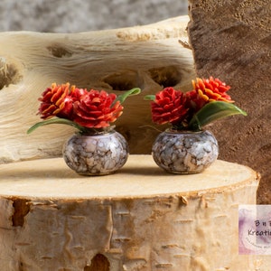 Miniature Potted Plant in Marbled Brown Pot with Scarlet Flowers for 1:12 Scale Dollhouse Miniature