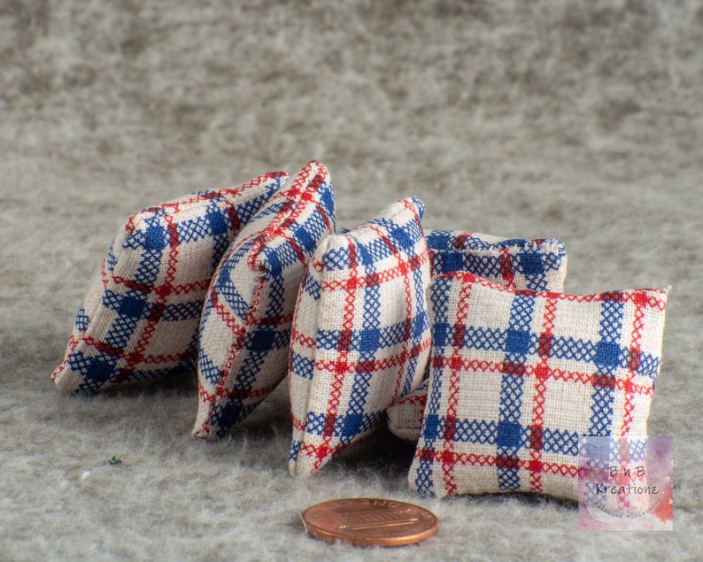 Miniature Pillow Red, White & Blue Plaid Dollhouse Miniature 1:12 Scale Americana Style Country Style image 3