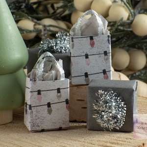 Miniature Presents in Gray & Christmas Lights for 1:12 Scale Dollhouse Miniature