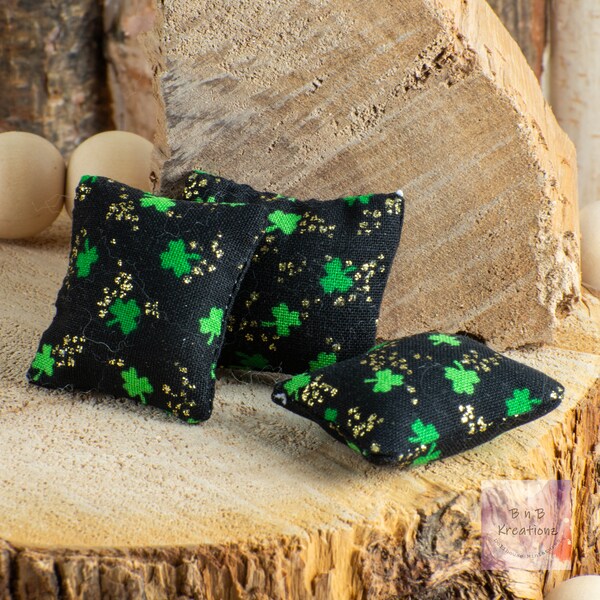 Miniature Pillow - Shamrock Clovers w/ Gold & Black - Dollhouse Miniature 1:12 Scale - Dollhouse Pillow