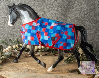 Traditional Model Horse Blanket - Blue & Red Squares - 1:9 Scale Miniatures